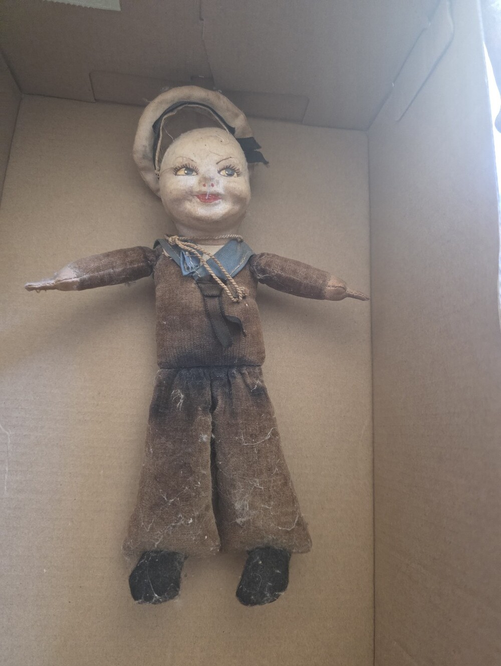 M W George Vintage Cloth Sailor Doll in Brown with Painted Face